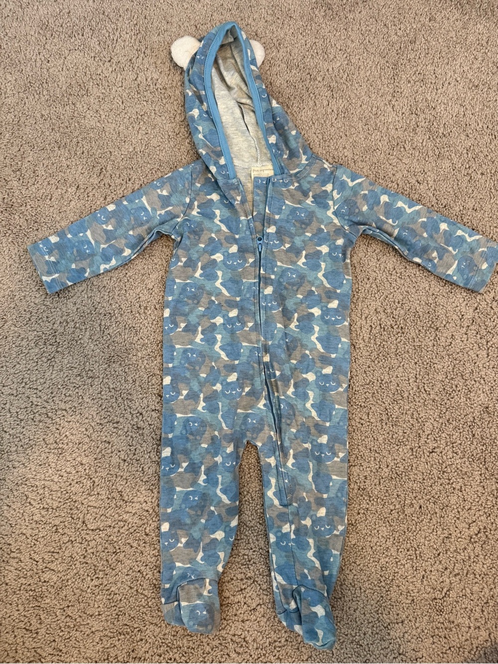 First Impressions Blue Camo Bear Hooded Footed One-Piece 3-6m